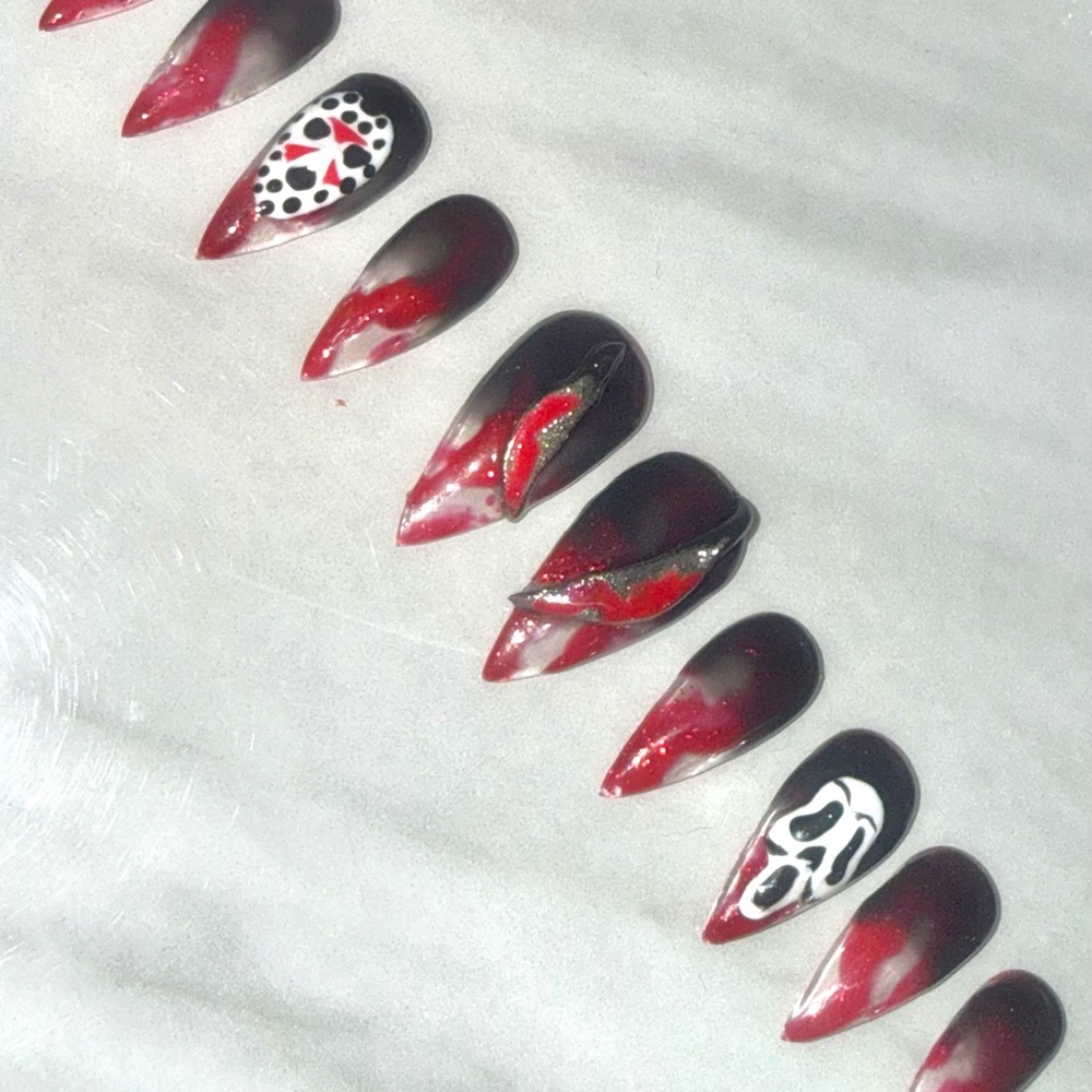 Masked Murderer Set Red and Black Halloween Nails
